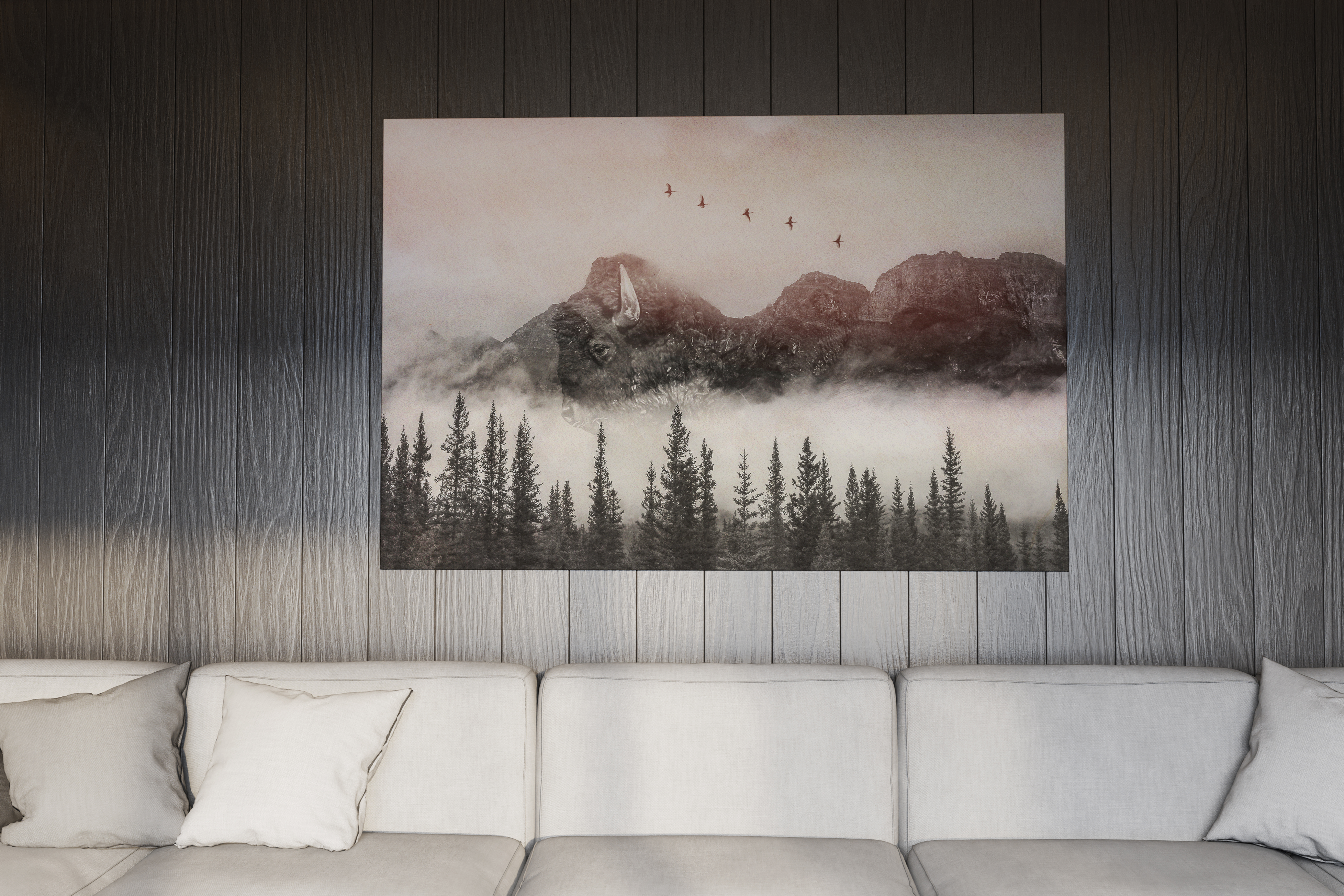 Buffalo double exposure canvas art in modern living room by Dan Sproul